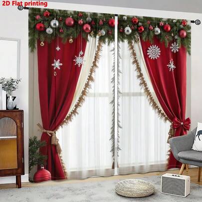2pcs Set Christmas Decorative Curtains, 2D Printed Holiday Festive Red Pine Wreath & Snowflake, Polyester Curtain With Bow Tassel, Suitable For Living Room, Bedroom, Kitchen, Hotel, Christmas Ball & Pine Leaves, Pocket Rod Polyester Material Digital Printing Curtain, Suitable For Study, Dining Room And Home Decor