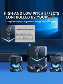 High-Quality 2.1 Stereo Desktop Speaker With LED Ambient Lighting - USB Powered, 3.5mm Audio Jack, Wired Connection For PC, Laptop, Tablet, Gaming Console & MP3/MP4 Devices, Modern Design With Blue Accents, Portable Speaker