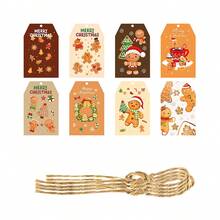 8 etiquetas navideñas, 8 estilos de etiquetas de papel kraft navideñas con cuerda, adecuadas para el embalaje navideño, el embalaje de regalos navideños, el tema navideño del hombre de jengibre en el estilo de Ins, colgante de etiqueta de regalo, decoración de fiesta, suministros de colgante