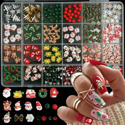 1盒随机混合ABS卡通圣诞美甲饰品，3D圣诞老人、圣诞树、雪人、铃铛、可爱圣诞蝴蝶结花环，镶嵌红色和绿色水钻，美甲配件DIY美甲