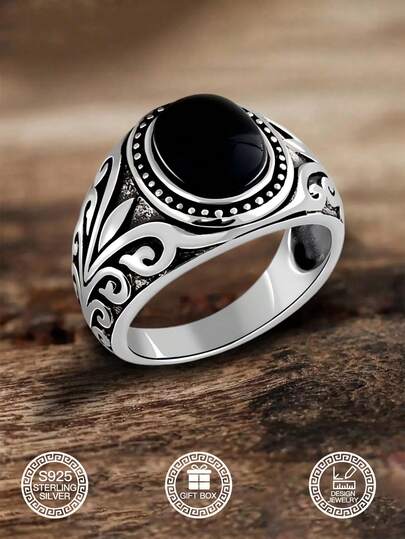1 pièce Bague de bijoux vintage en argent sterling S925 avec pierre de zircone synthétique noire, hypoallergénique et sans nickel, boîte cadeau pour la famille, les amis, Thanksgiving, la fête des mères, la Saint-Valentin, l'anniversaire