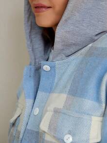 Women's Elegant Warm Qversized Checkered Autumn Shirt With A Hood ,Long Sleeve Plaid Casual Party Spring Fall Buttons Cardigan