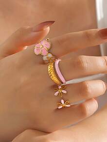 3 件套不锈钢简约 18K 镀金粉色珐琅花戒指，适合女性日常佩戴 - 彩色 - 查看 1