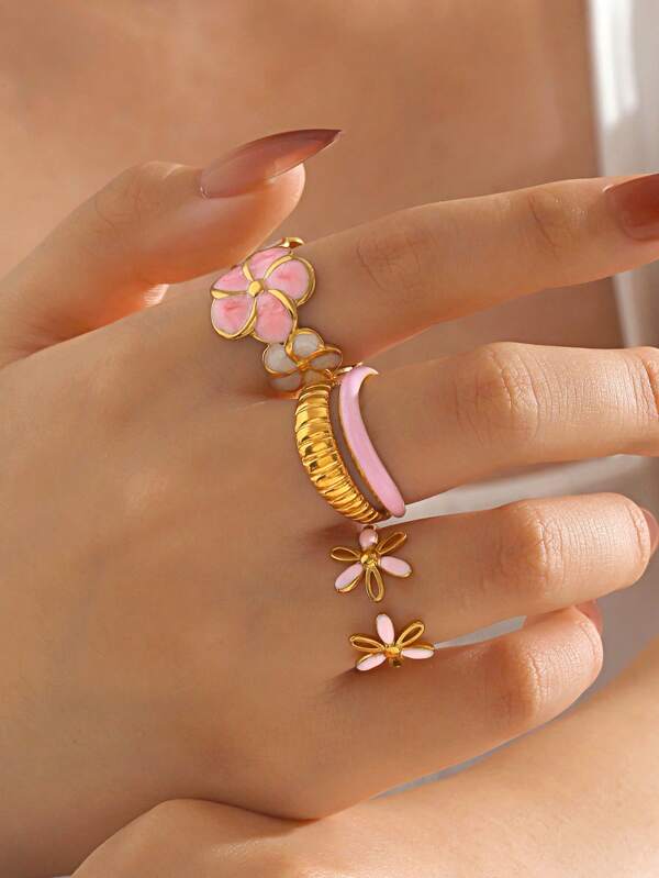 3 Stücke/Set Edelstahl Minimalistische 18K Goldplattierte Rosa Emaille Blumen Ringe, geeignet für den täglichen Gebrauch von Frauen
