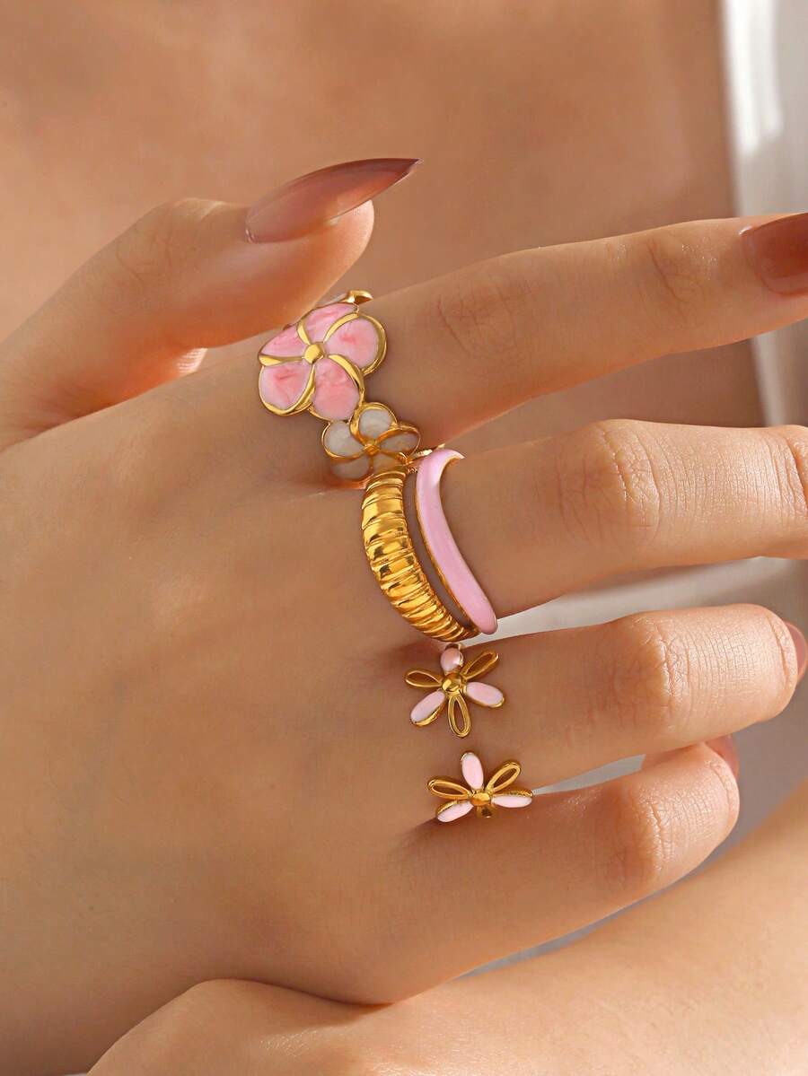 3 件套不锈钢简约 18K 镀金粉色珐琅花戒指，适合女性日常佩戴 - 彩色 - 查看 1