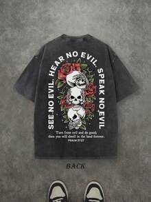 Retro Washed T-Shirt Double Sided Printed (230 Pure Cotton T-Shirt) 'SEE NO EVIL, HEAR NO EVIL, SPEAK NO EVIL' PSALM Letter And Pattern Print, Christian Gift, Men's T-Shirt, Men's Casual, Comfortable, Fashionable T-Shirt, Street Style Cotton Unisex Plus Size Top - 黑色 - 查看 2