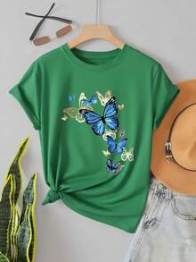 Women's Graphic T-Shirt | Women's Basic Style + Blue Butterfly Design | 100% Cotton | Comfortable and Soft | Suitable for Everyday Wear and Holiday Gifts | White Crew Neck T-Shirt | Made and shipped in Mexico | Unisex - Verde - Ver 2