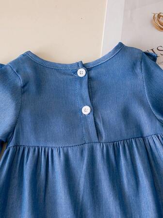 3 件套女婴春秋长袖套装，时尚牛仔效果公主裙、裤子和头带，婴儿服装