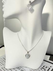 Women's Necklace And Earrings Kit With Shiny Zirconia Heart Pendant, Venetian Chain, Elegant Jewelry For Gift - 銀色 - 查看 1