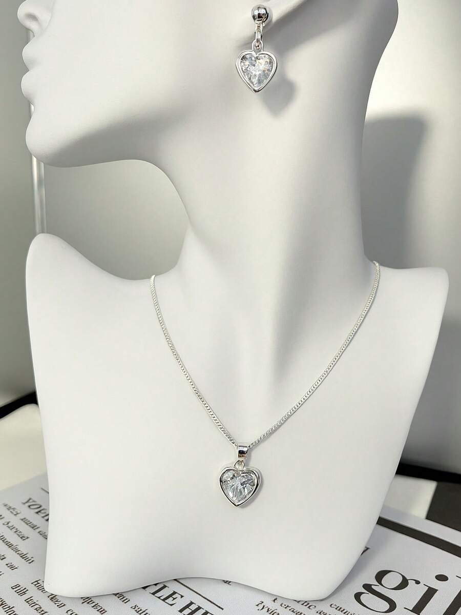 Women's Necklace And Earrings Kit With Shiny Zirconia Heart Pendant, Venetian Chain, Elegant Jewelry For Gift - 銀色 - 查看 1