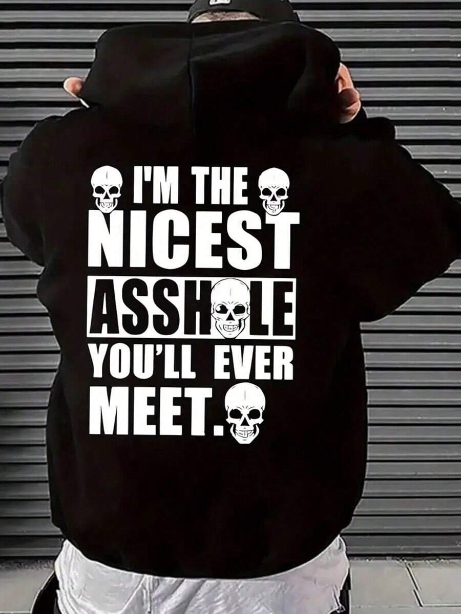 Men'S Navy Blue Hoodie With Skull & I'm The Nicest You'll Ever Meet, Print - Casual Style, Kanga Pocket, Drawstring Collar, Comfortable For Spring & Fall,Fall Hoodies,Men's Fall Clothes,Street Wear,Halloween,Mens Hoodies,Y2k Clothes,Jesus Hoodie,Thanksgiving Day,Nightmare Before Christmas,Christmas - Black - View 1