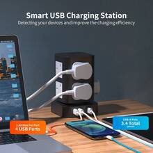 Tower Extension Lead, 2 Metres, (3250W 13A) Extension Tower With Night Light, Featuring 8 AC Sockets And 4 USB Ports. Surge-Protected Extension Lead With One Independent Switch At The Top. Suitable For Offices And Homes. Available In Grey-White Or Black-White.