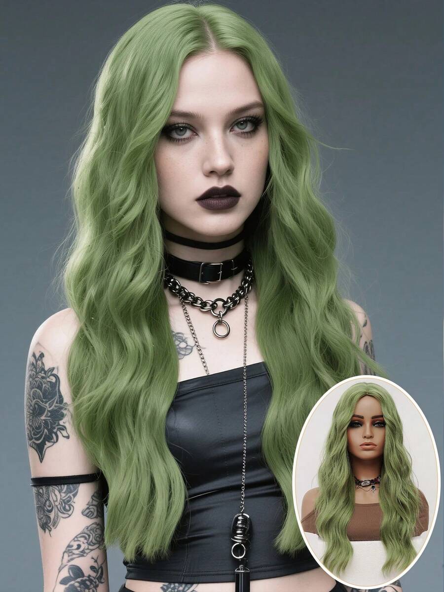 角色扮演假发 绿色水波纹长卷发 26 英寸中分风格 Greta 万圣节圣诞节假发 服装假发 街头朋克假发 Y2K 摇滚假发 蓬松自然女士合成耐热纤维假发 适合日常派对假发 音乐节假发 前卫学院风格假发 现代时尚哥特式假发 - 綠色 - 查看 1