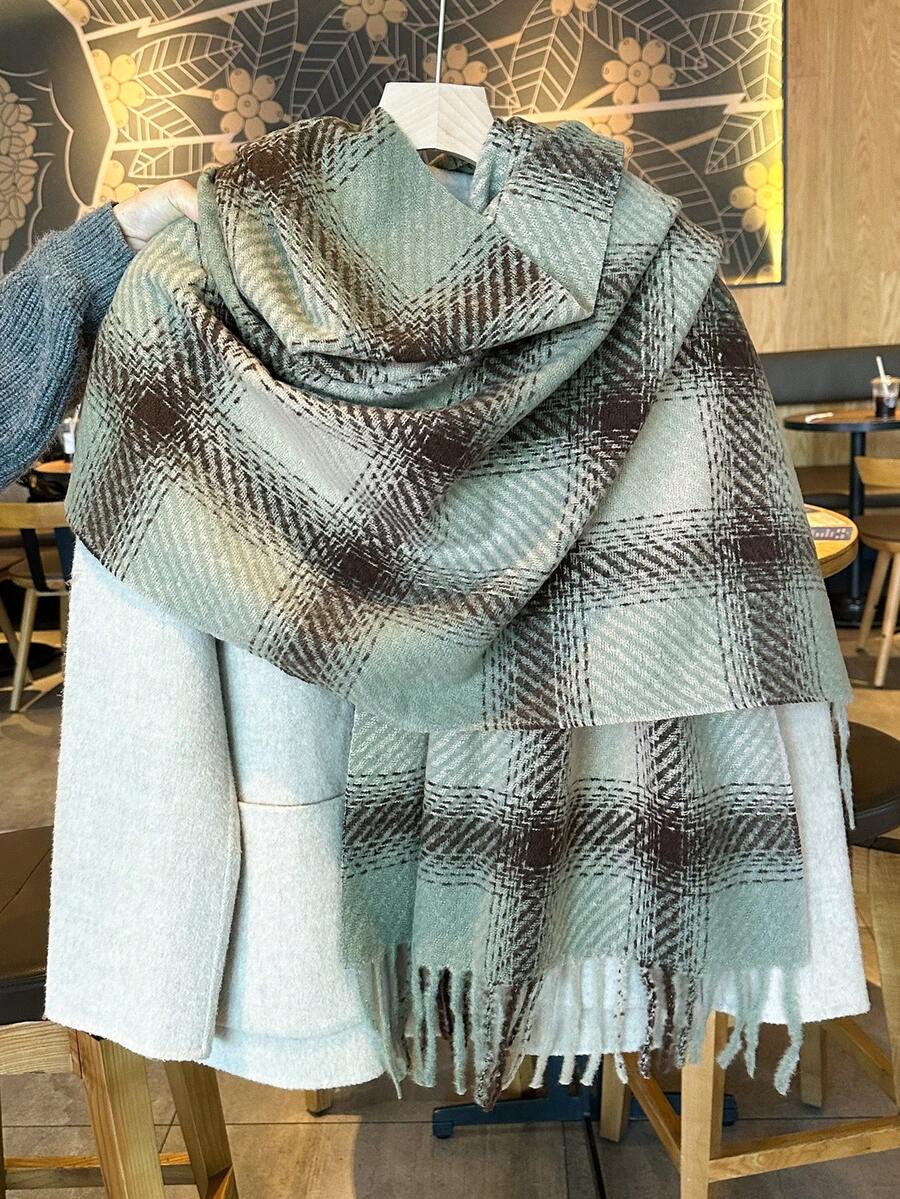 1条女士绿色复古格子休闲奢华仿羊绒围巾 - 超级柔软、保暖舒适、无弹力、防寒、优雅流苏饰边，适合秋冬季节，时尚披肩 - 彩色 - 查看 1