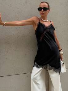 Lace Trim Satin Asymmetric Summer Party Mini Skirt, Elegant New Sleeveless Sexy Nightgown, Brown/Black Backless Dress For Women