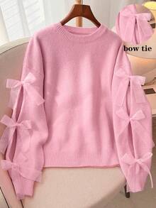 2026秋冬新款女士商务休闲优雅法式浪漫圆领开衩蝴蝶结针织套头毛衣，甜美生日派对装扮，圣诞毛衣，返校装扮，圣诞装扮，女士约会装扮，韩版风格，秋季女装，端庄女士装扮，派对女士装扮 粉色 - 粉色 - 查看 5