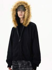 Advanced American Retro Fur Collar Zipper Cardigan Hooded Sweatshirt Men's And Women's Short Clean Fit Solid Color Jacket - 黑色 - 查看 2