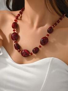 Fashionable Asymmetrical Beaded Burgundy Necklace, Simple Elegant Choker Necklace, Hiphop Style