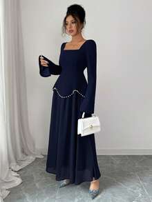 LilyHouse Women's Elegant Long Dress, Romantic Holiday Party Evening Gown With Pearl Decor, Square Neck Fitted Long Sleeve Dress, Suitable For Elegant Party Dress, Wedding, Valentine's Day - Navy Blue - View 4