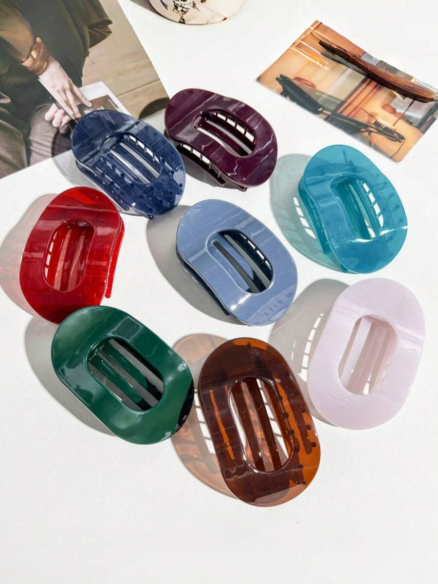 1 Stück/8 Stück einfarbige lässige PU (Polyurethan) neue flache ovale Haarspangen, elegante Haarkrallen für Frauen mit kreativem gebogenem Design und starkem Halt