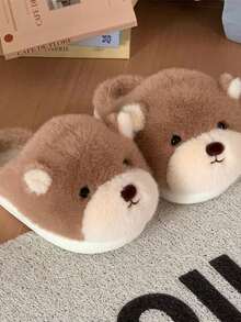 Dép đi trong nhà họa tiết gấu dễ thương màu nâu kaki thường ngày cho nữ, đế dày ấm áp, chống trượt, đế mềm thoải mái, mùa xuân/thu/đông - Màu Khaki - Xem 3