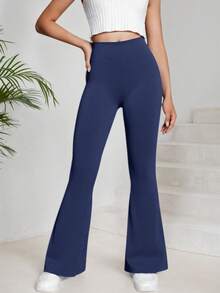 Girls' Solid Color Knitted High Waist Elastic Flared Pants, Casual Sports Yoga, Suitable For Daily Wear, Back To School (YY355)