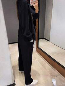 YI XUAN Plus Size Women's 2-Piece Set, Casual Knit Button-Up Cardigan Jacket And Drawstring Pants Black Spring Elegant - Black - View 3