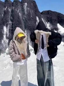 Design Sense! Super Warm! Cotton Collar And Cotton Jacket For Men, Thickened And Warm 2025 New Style Hooded Wide Loose Fur Jacket For Men - 黑色 - 查看 4