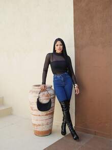 Simple Tulle Blouse Polyester None Transparent Night Club - màu đen - Xem 2
