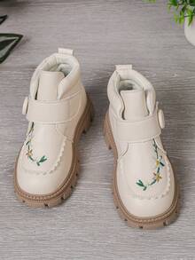 1雙女童厚底靴，耐磨防滑嬰兒短靴，復古刺繡兒童戶外仿皮靴，適合秋冬日常穿著與戶外活動 - 米色 - 查看 3
