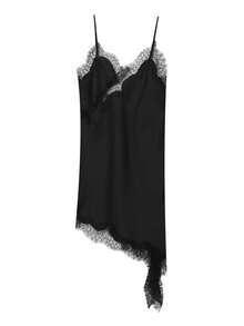 Lace Trim Satin Asymmetric Summer Party Mini Skirt, Elegant New Sleeveless Sexy Nightgown, Brown/Black Backless Dress For Women