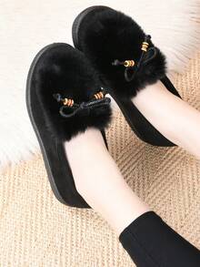 New Women Fashion Personalized Fluffy Warm Minimalist Solid Color Indoor Outdoor Travel Vacation Home Slippers, Thick Plush Slip-On Cozy Soft Bottom Casual Outdoor Wear Shoes For Winter - Black - View 3