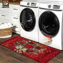 1pc Christmas Rose Pattern Bathroom Anti-Slip Mat, Made Of Artificial Cashmere With Plush Decoration, Is Suitable For Bathrooms, Doorways, Kitchens And Other Occasions. It Can Be Machine Washed, Is A Holiday Decoration And Can Be Given As A Gift