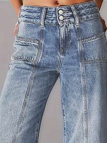 Plus Size Women's Elastic Denim Fabric Design Split Jeans, Casual Versatile 2-Button Slimming Pockets Washed Loose Wide Leg Flare Jeans, 2025 New Bestselling Versatile All-Season Denim Pants Spring - Light Wash - View 2