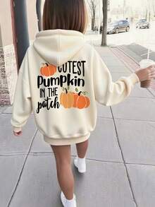1pc Tween Girl Casual Pumpkin & Letter Print Pullover Sweatshirt, Loose Fit, Warm Thermal Lining, Suitable For Autumn/Winter, Halloween - Apricot - View 1