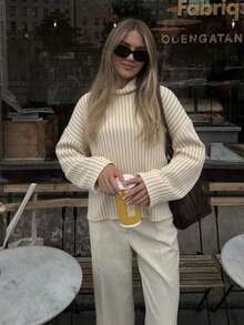 كنزة صوفية نسائية جديدة ذات رقبة عالية محبوكة للخريف والشتاء، بتصميم كاجوال فضفاض مناسب للارتداء اليومي، قياس ضيق، مناسبة لعيد الهالوين