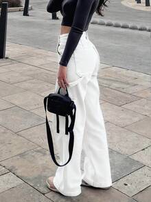 女士白色宽松直筒牛仔裤，无弹力高腰设计，复古街头风休闲款，2026春夏款，新年情人节款。 - 白色 - 查看 9