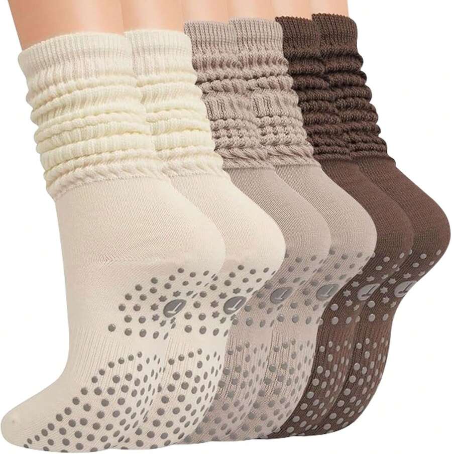 3 Pares Calcetas Pilates Mujer Antiderrapantes, Calcetines de Yoga para Mujeres con Agarre, Calcetas Deportivas Dama Largas Algodón, Pilates Socks, Calentadores de Piernas - 1 - Ver 1