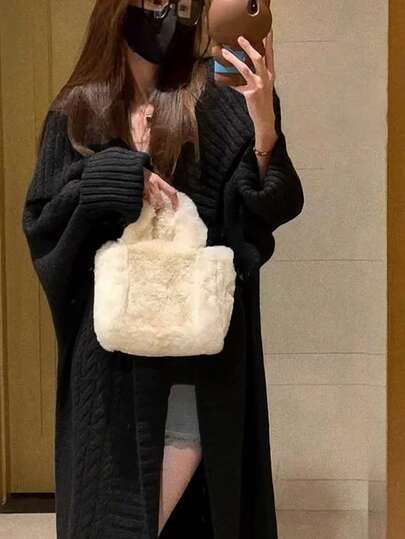 Offener, locker gestrickter Cardigan, lässiger Langarm-Pullover in Oversize-Länge mit Tasche, Damenbekleidung