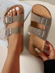 女士软木底复古露趾透气凉鞋，舒适防滑耐穿，女士夏季勃肯鞋。双扣设计可调节尺寸，适合纤细脚型。 - 卡其色 - 查看 4
