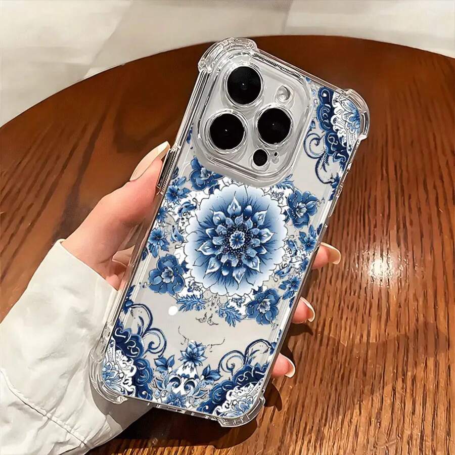 Funda de Teléfono Transparente con Patrón de Porcelana Azul y Blanca Creativa, Nueva, Antigolpes de Cuatro Esquinas para iPhone17,16,15,14,13,12/iPhone16,15,14Plus/iPhone17,16,15,14,13,12Pro/iPhone17,16,15,14,13,12ProMax/iPhone17/para 11/11Pro Accesorios de Teléfono, Adecuada para Regalos de Todas las Estaciones - Colores mixtos - Ver 1