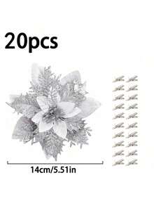20 件/10 件/2 件多色人造一品红、带夹子的一品红圣诞树装饰、闪光镂空网状一品红、圣诞装饰、节日配饰、圣诞树、花环、闪光一品红圣诞树饰品、节日装饰 DIY 一品红花环、派对装饰 - 銀色 - 查看 10