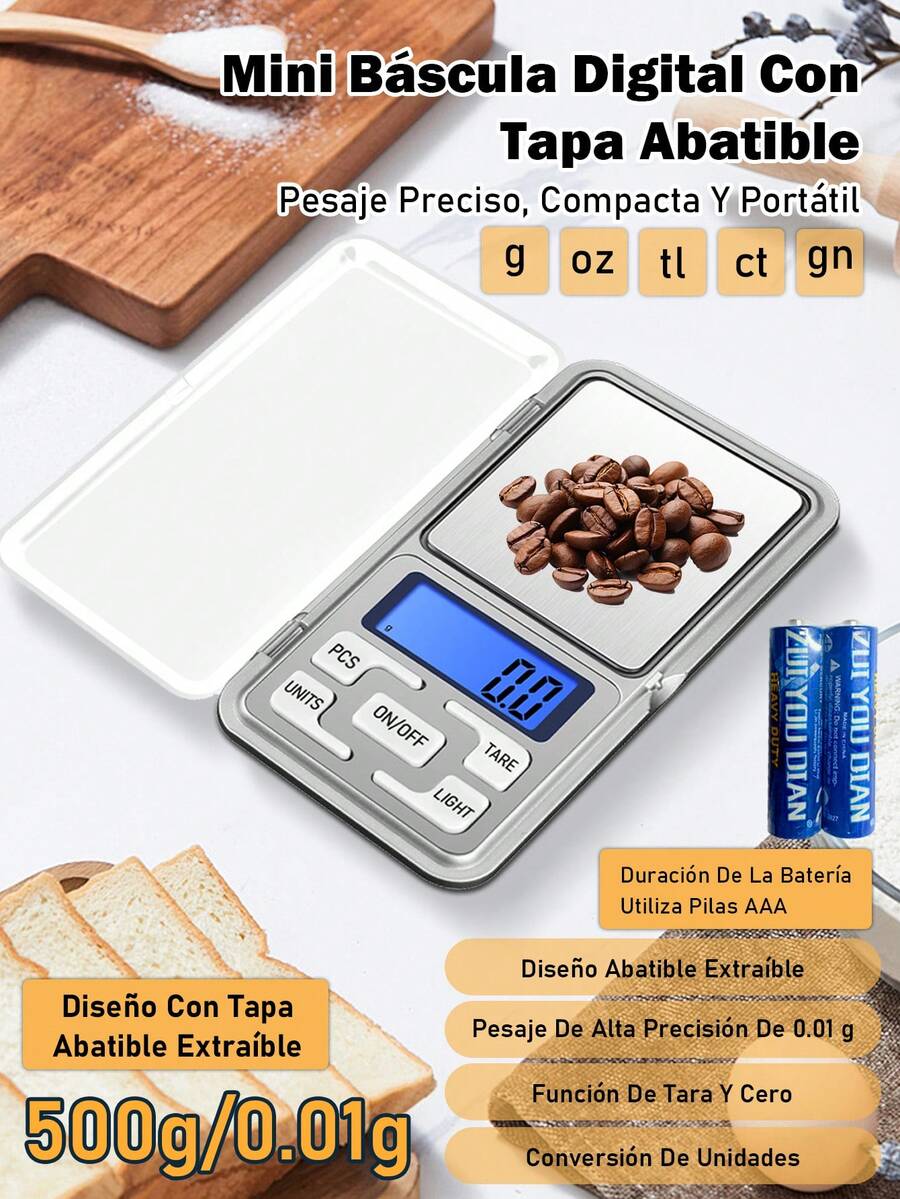 1 pieza Báscula electrónica digital de bolsillo mini de alta precisión para calibración de joyería, diamantes, oro, monedas; báscula de pesaje portátil 500g/0.01g con función de conteo, pantalla LCD azul g/tl/oz/ct/gn. - Plateado - Ver 1