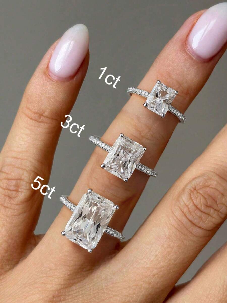 1件閃耀長方形鑽石訂婚戒指/結婚戒指，925純銀，女款承諾戒指/永恆戒指，精美珠寶禮物