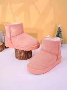 1 Pair Of Children's Snow Boots With Brown, Black, Pink Plush Lining And Suede Lining For Warmth . Short Top, Flat Heel, Simple, Casual, Comfortable And Fashionable. Children's Snow Boots For Winter Holiday Travel