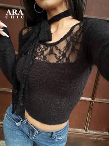 ARA CHIC Black Striped Lace Camisole, Slightly Sheer Effect, Showcases A Pure And Charming Style, Fitted Long Sleeve Top, Suitable For Dates And Office Occasions, Spring New Arrival - Black - View 7