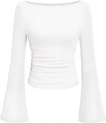 Womens Long Sleeve Shirts 2026 Spring Crop Going Out Tops Casual Boat Neck Sleeve Ribbed Ruched Y2K Clothes - White - View 1