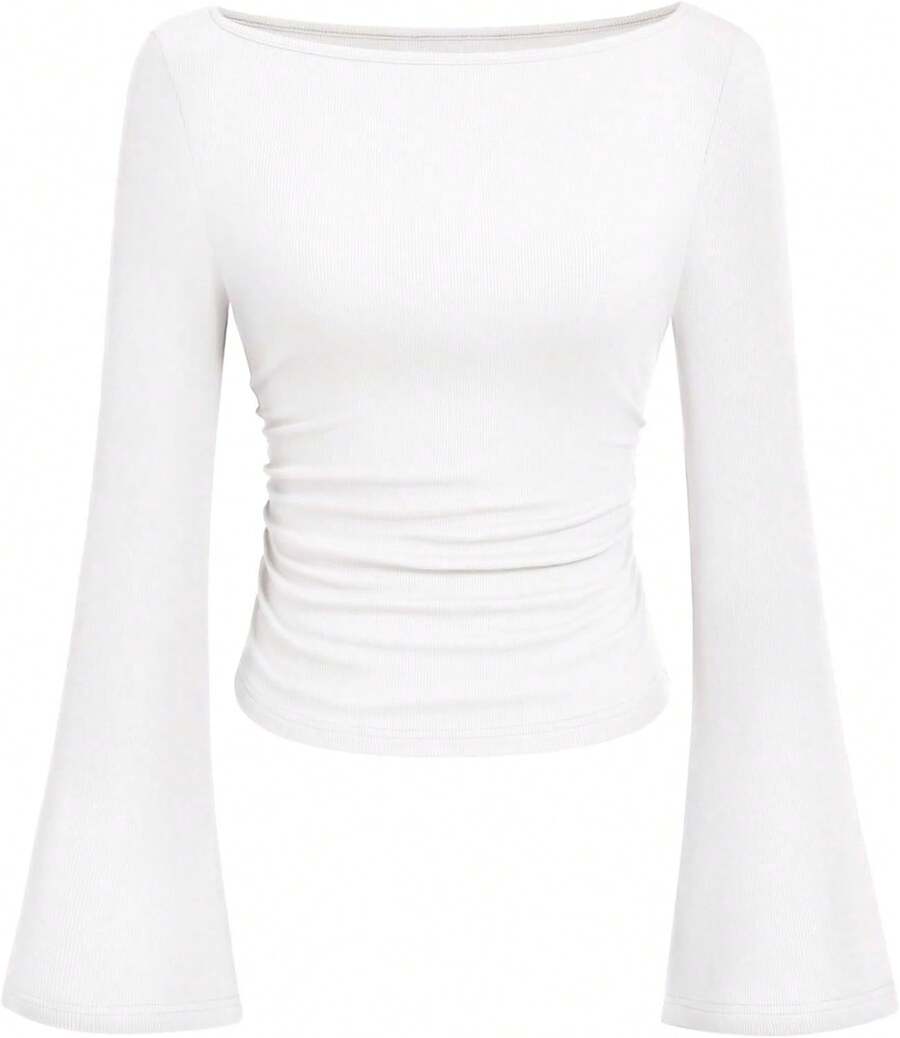 Womens Long Sleeve Shirts 2026 Spring Crop Going Out Tops Casual Boat Neck Sleeve Ribbed Ruched Y2K Clothes - White - View 1