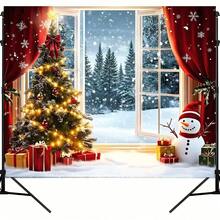 1 pieza de Fondo plano 2D de Navidad. Diseño de fondo con árbol de Navidad, muñeco de nieve y ventana de piso a techo. Tela de poliéster duradera, adecuada para decoración de pared interior, fondo de fotografía, decoración navideña exterior, estudio fotográfico, decoración de fiesta interior