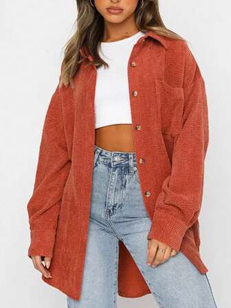 Chaqueta de pana larga de moda para mujer, con botones delanteros, manga larga y cuello de camisa